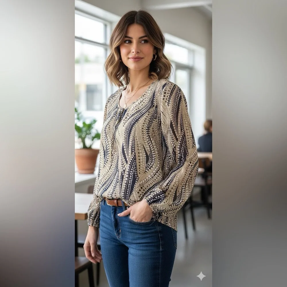 Bechamel Sheer women’s pullover blouse brown blue size large long sleeve - Picture 1 of 8